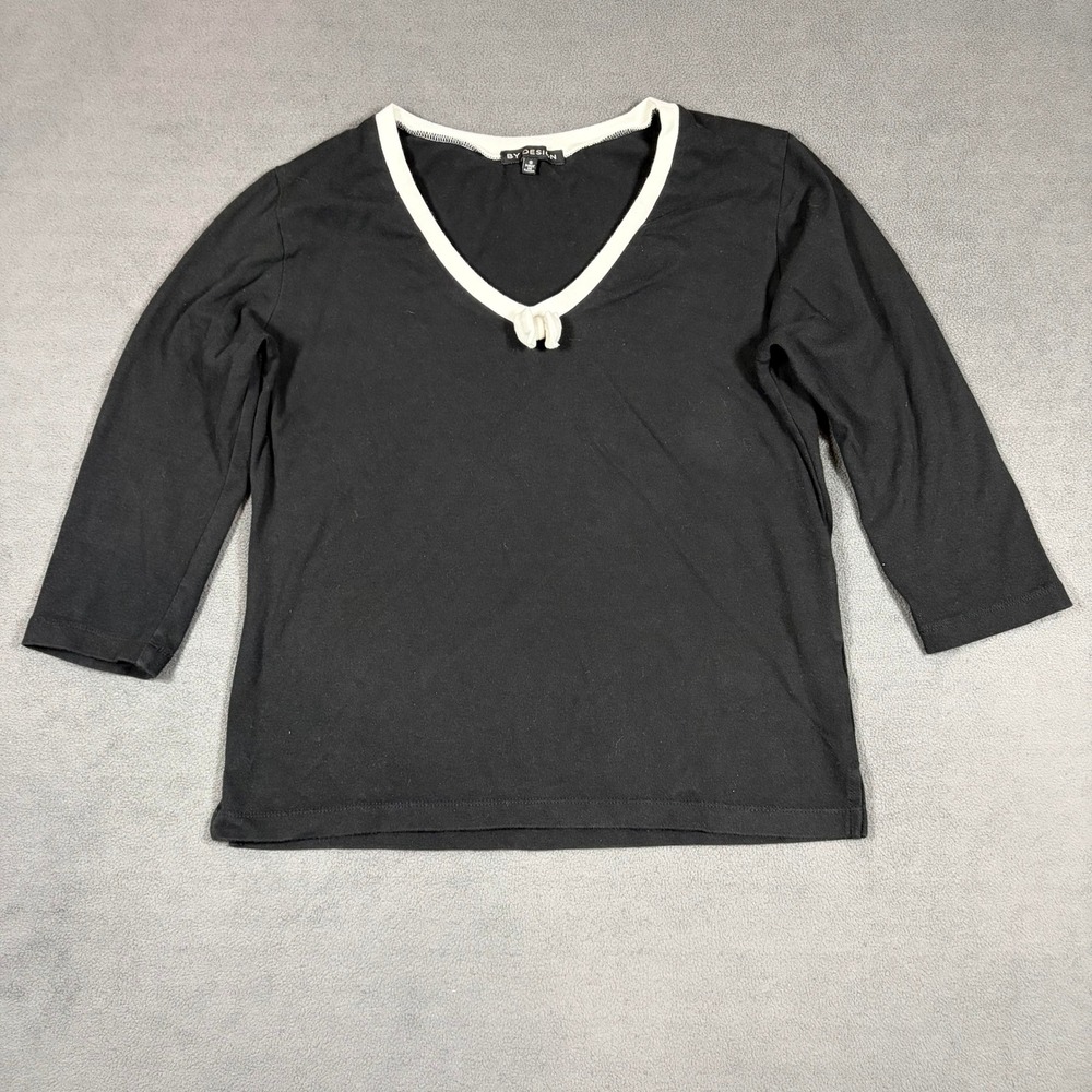 By Design V-Neck Top Womens Small Black Contrast Trim 3/4 Sleeve Knot Detail